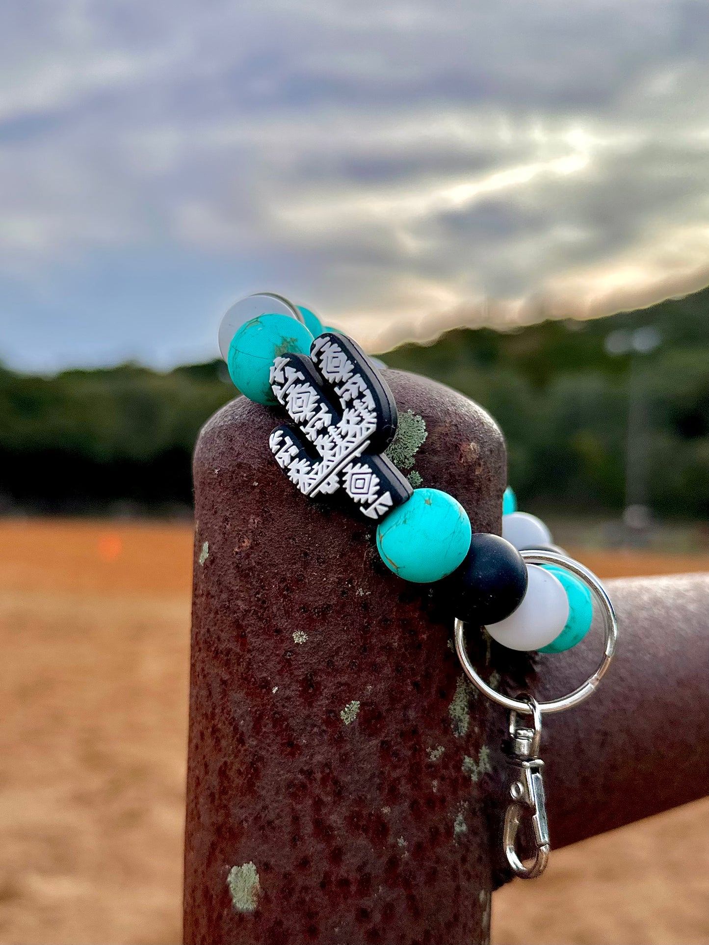 Black Aztec Cactus & Turquoise Key Ring
