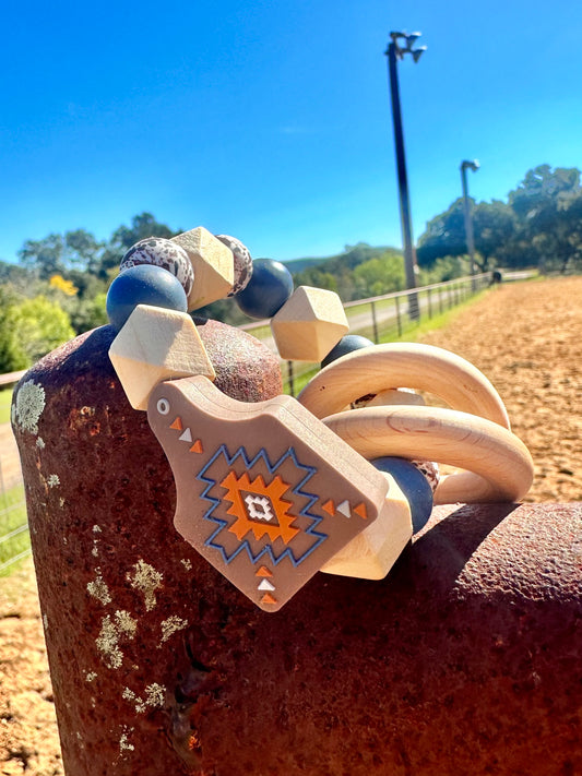 Chocolate Aztec Cow Tag Rattle